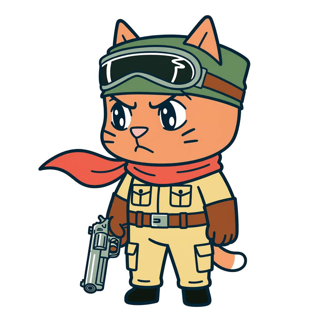 Joe Catz with flight goggles, a red scarf and a very large pistol