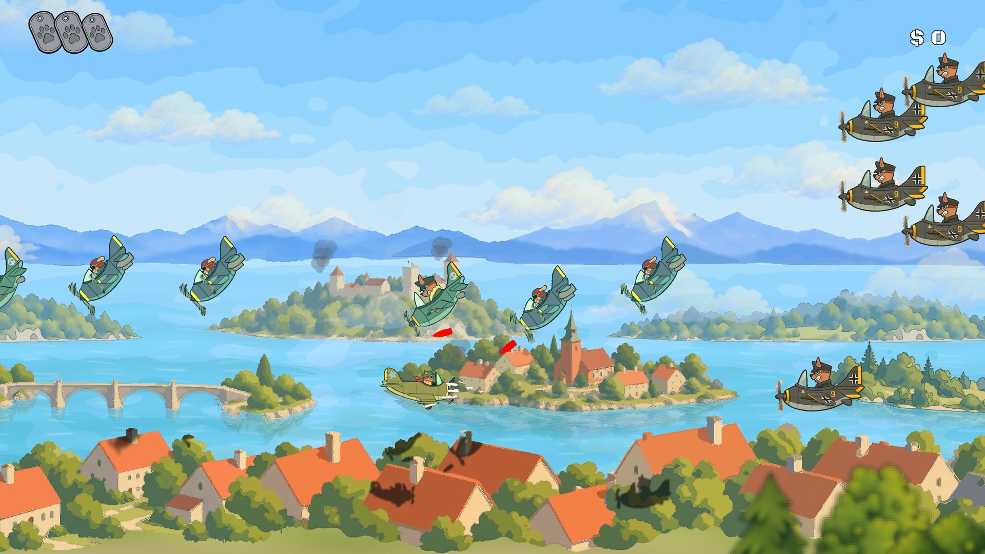 Joe flying against enemy squadrons above a lake and island villages