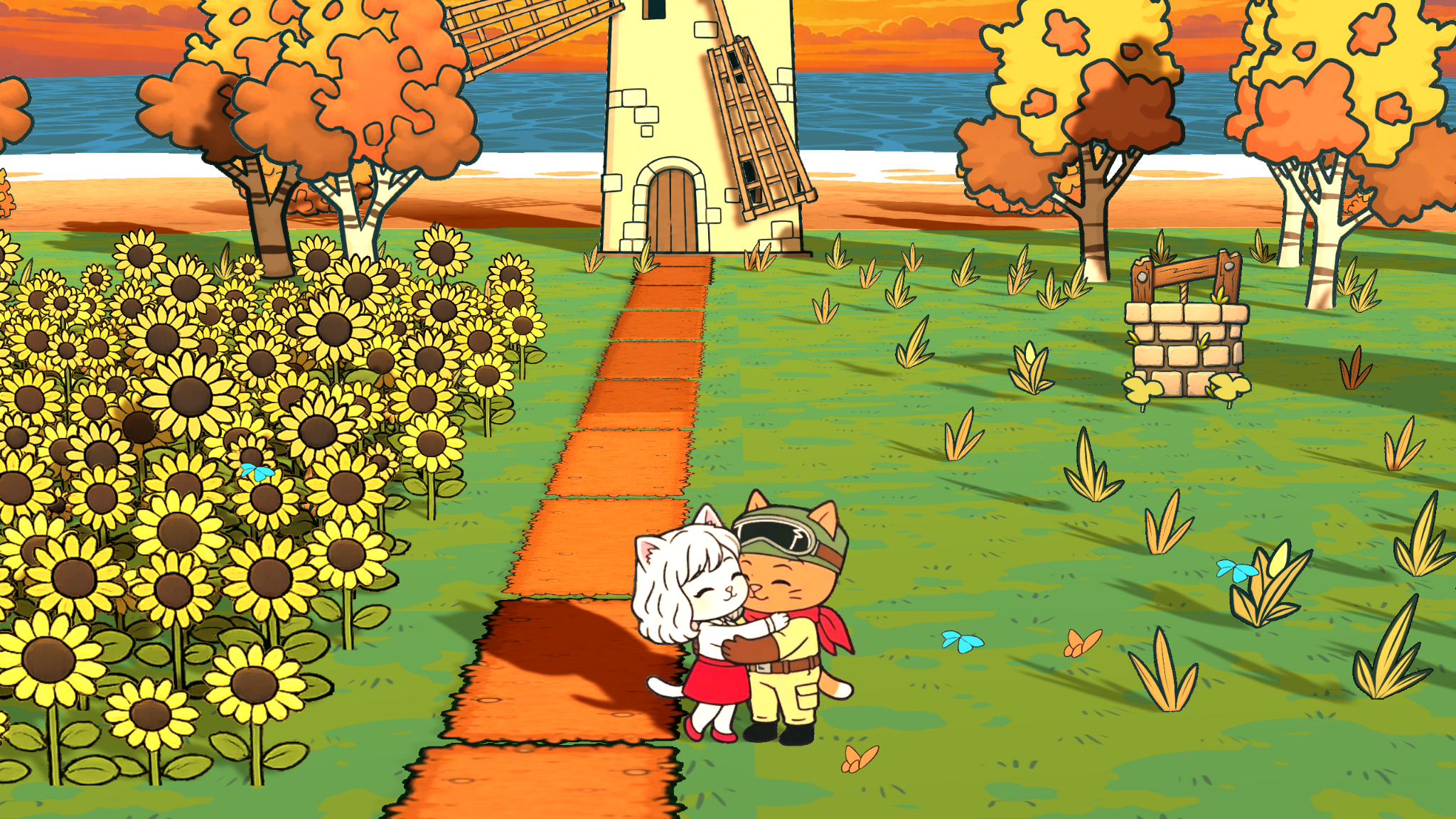 Joe and his partner embracing beside a windmill and sunflowers at sunset